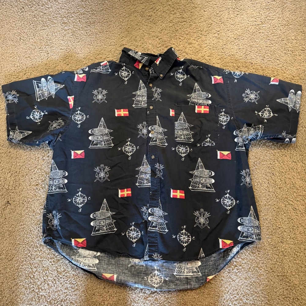 Puritan Mens 2XL Black Nautical Sailboat Compass Print‎ Button Up Shirt Cotton